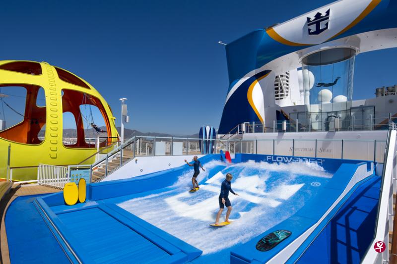 左图:南极球(sky pad),甲板冲浪(flowrider)及甲板跳伞(ripcord by i